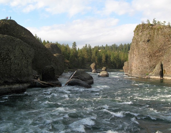 A short hike from our campsite at beautiful Riverside State Park takes you to a rushing rapids on the Spokane River. Hikers in the upper left corner provide a sense of scale.